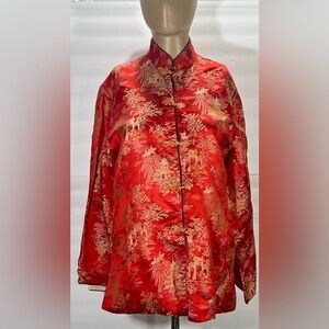 Red Brocade Mandarin Collar Button-Down Shirt with Gold Detail Size Medium